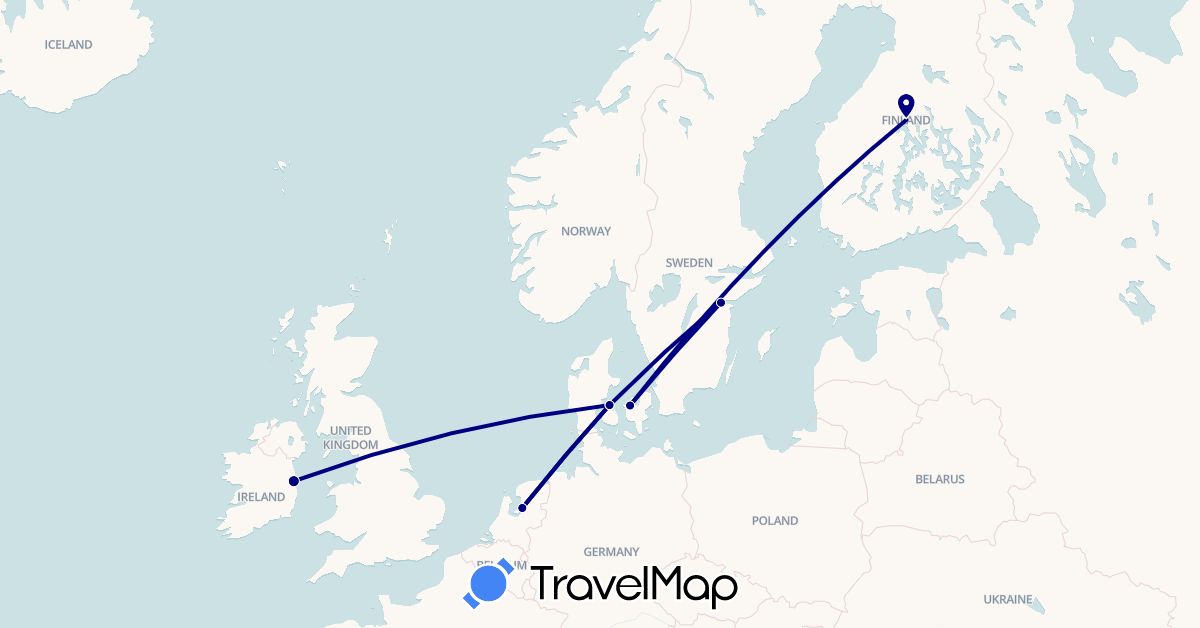 TravelMap itinerary: driving in Denmark, Finland, Ireland, Netherlands, Sweden (Europe)